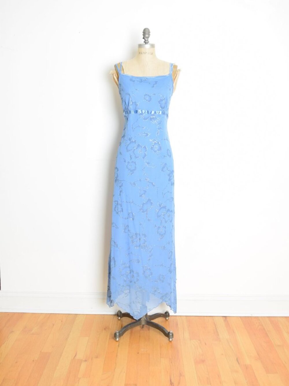 vintage Y2K fairy slip dress blue glitter floral print mesh empire waist prom L